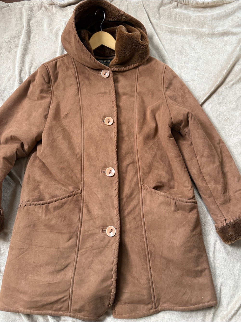 Brown Hooded Coat with Faux Shearling Trim